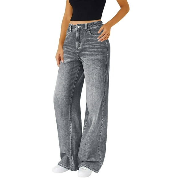 Enjoytime Women's Pants Casual High Waist Straight Tube Wide Leg Trousers Trendy Loose Denim Pants with Pockets Gray M