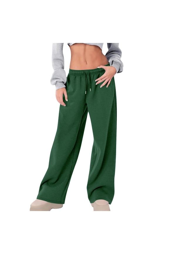 Women's Pants Drawstring Elastic High Waist Straight Leg Pants Fashion Solid Color Comfy Casual Wide Leg Trousers Women Army Green M