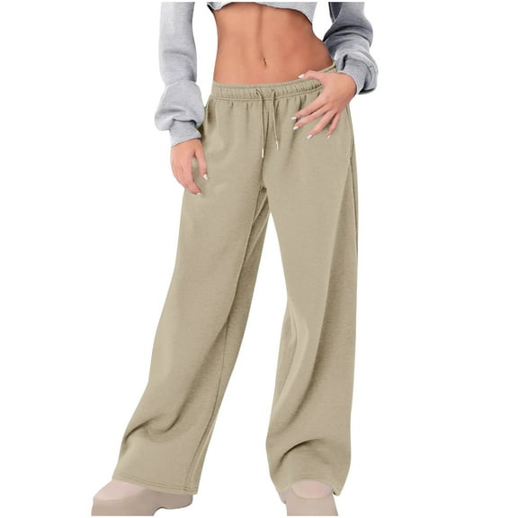 Enjoytime Women's Pants Drawstring Elastic High Waist Straight Leg Pants Fashion Solid Color Comfy Casual Wide Leg Trousers Women Khaki M