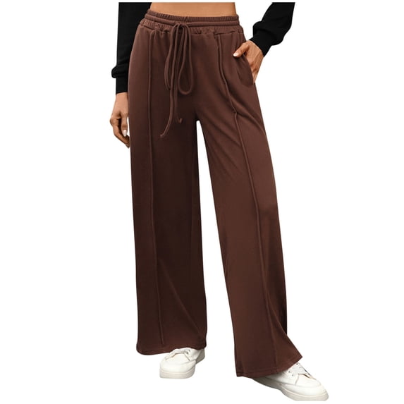 Enjoytime Women's Pants Solid Color Drawstring High Waisted Pants Drawstring Loose Casual Trousers with Pockets Coffee M