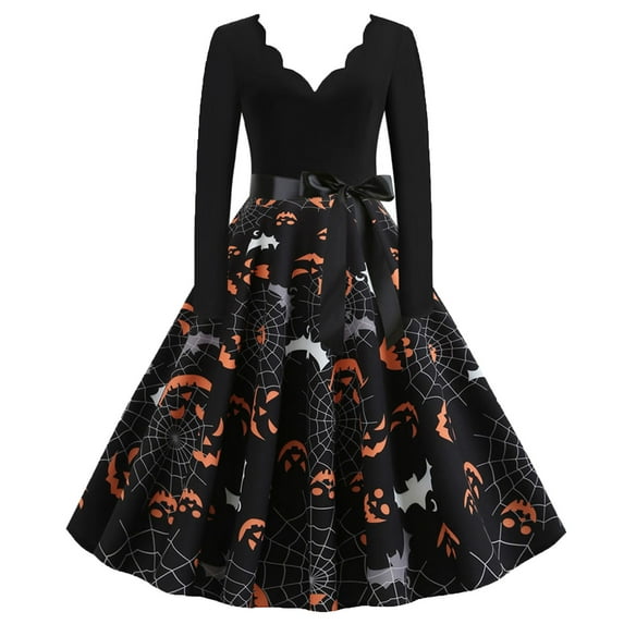 Enjoytime Women's Plus Size Dresses Casual Halloween Printed V-Neck Long Sleeve Midi Dress Elegant Vintage Gothic Clothes