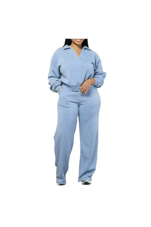 Womens 2 Piece Outfits Solid Color Long Sleeve Sweatshirts Long Pants Plus Size Sets Fall Winter Travel Sweatsuit