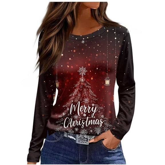 Enjoytime Women's Shirts Christmas Printed Crew Neck Long Sleeve Blouses Fall Winter Fashion Casual Women Plus Size Tops Wine XXXL