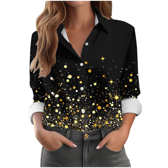 Enjoytime Women's Shirts Christmas Printed Long Sleeve Button Down Blouses Trendy Casual Tops Fall Winter Plus Size Clothes Gold XXL