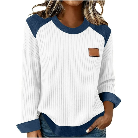 Enjoytime Women's Shirts Denim Patchwork Crewneck Long Sleeve Tops ...