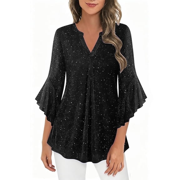 Enjoytime Women's Shirts Solid Color Color V-Neck Trendy 3/4 Sleeve Tops Sparkling Party Gathering Dressy Plus Size Blouse Black XXXXXL
