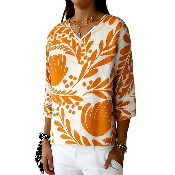 Enjoytime Women's Shirts Spring Printed V-Neck 3/4 Sleeve Tops Summer Business Casual Dressy Blouses