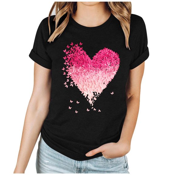 Enjoytime Women's Shirts Valentine Lover Heart Graphic Round Neck Short Sleeve Blouse Trendy Fashion Plus Size Tops Black L