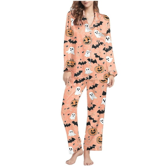 Enjoytime Women's Sleepwear 2 Piece Set Halloween Printed Lapel Long Sleeve Button Down Blouse Pants Pumpkins Ghost Pajamas Trendy Cozy Loungewear