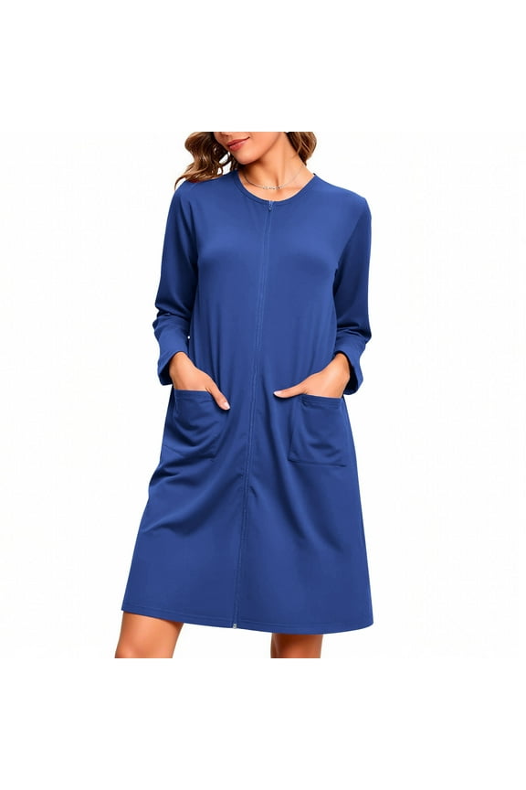 Women's Sleepwear Long Sleeve Knee Length Zipper Loungewear Casual Loose Comfy Nightgowns Fall Winter Warm Sleepshirt Blue L