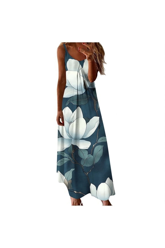Women's Summer Boho Sleeveless Sundress Casual Floral Printed Beach Long Maxi Dress Loose Plus Size Dresses