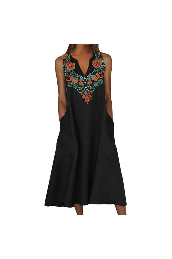 Women's Summer Dresses Clothes 2025 Fashion Printed V Neck Sleeveless Sun Dress with Pockets Loose Comfy Seaside Travel Womens Sun Dress