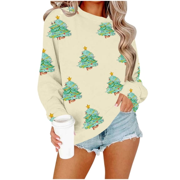 Enjoytime Women's Sweatshirt Christmas Tree Printed Pullover Tops Xmas Holiday Casual Long Sleeve Crewneck Sweatshirt Beige S