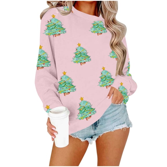 Enjoytime Women's Sweatshirt Christmas Tree Printed Pullover Tops Xmas Holiday Casual Long Sleeve Crewneck Sweatshirt Pink L