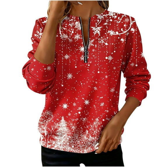 Enjoytime Women's Sweatshirt Christmas Vintage Printed V-Neck Long Sleeve Half Zip Up Sweatshirts Casual Xmas Holiday Graphic Pullover Tops