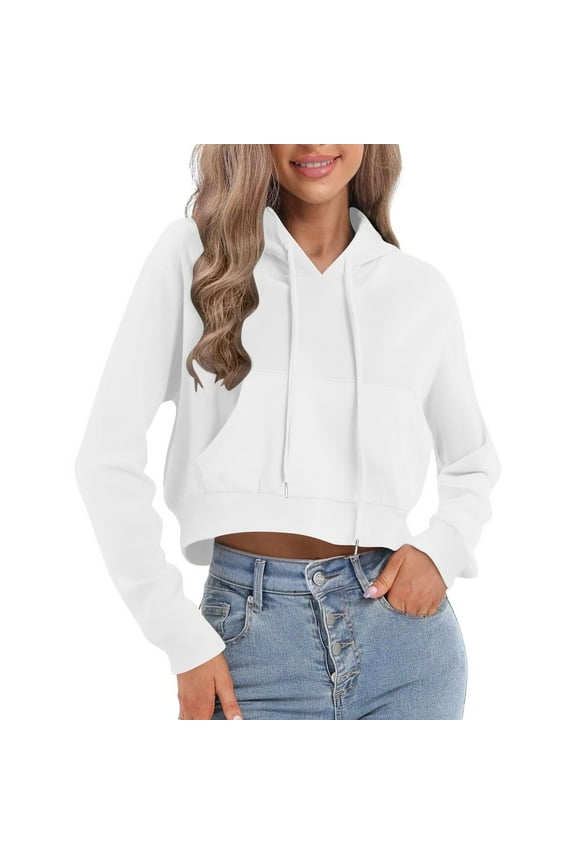 Women's Sweatshirt Fashion V-Neck Long Sleeve Pullover Hoodies Solid Color Cropped Sweatshirts Casual Loose Tops White XL