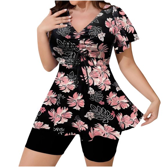 Enjoytime Women's Tankini Swimsuits Printed V-Neck Tummy Control Two Piece Swimsuit Modest Plus Size Bathing Suits with Drawstring