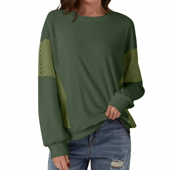Enjoytime Women's Tops Casual Long Sleeve Crewneck Sweatshirts Fashion Patchwork Blouses Trendy Fall Winter Clothes 2025 Army Green M