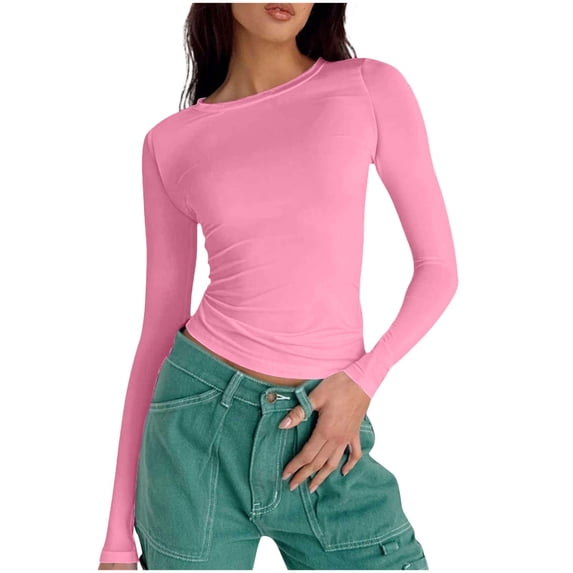 Enjoytime Women's Tops Casual Solid Color Round Neck Long Sleeve Blouses 2025 Fall Winter Fashion Basic Work Shirt Pink XL