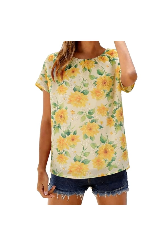 Women's Tops Floral Printed Crewneck Short Sleeve Shirts Summer Dressy Casual Beach Vacation Clothes