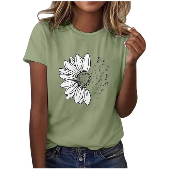 Enjoytime Women's Tops Floral Printed Round Neck Short Sleeve Blouses Spring Summer Trendy Casual Plus Size Shirts Army Green XXXXXL