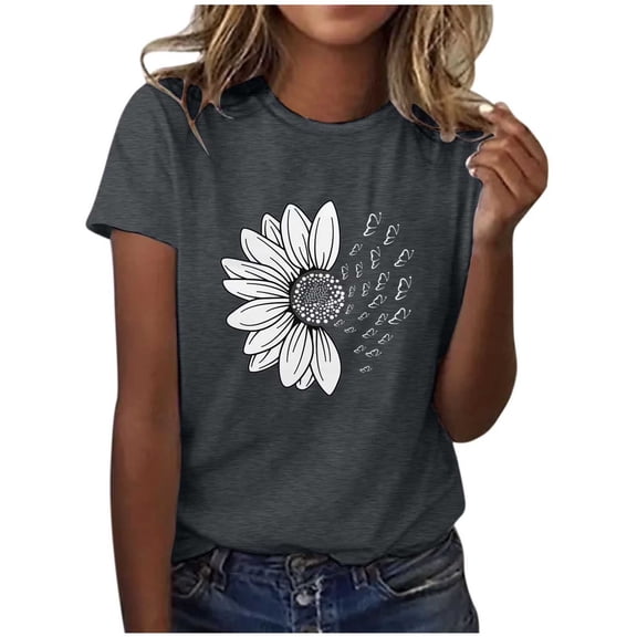 Enjoytime Women's Tops Floral Printed Round Neck Short Sleeve Blouses Spring Summer Trendy Casual Plus Size Shirts Dark Gray S