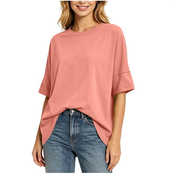 Enjoytime Women's Tops Half Sleeve Round Neck Solid Color T-Shirts Casual Loose Basic Tees 2026