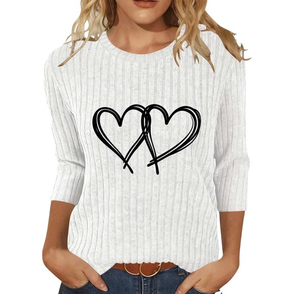 Enjoytime Women's Tops Hearts Printing Round Neck 3/4 Sleeve Blouses Fall Winter Business Casual Work Shirts White L