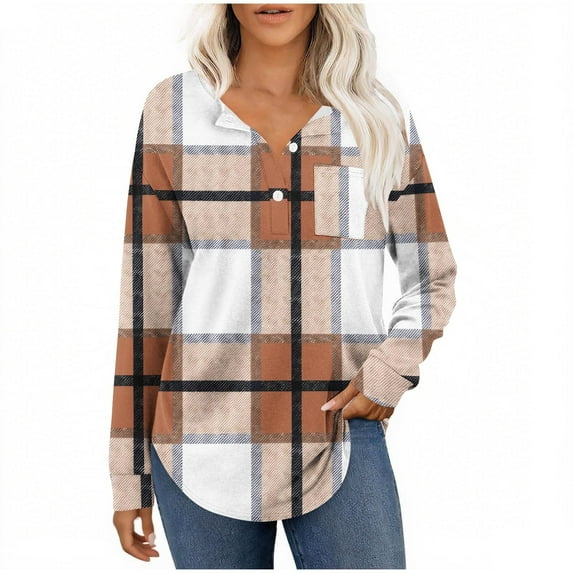 Enjoytime Women's Tops Patchwork V-Neck Long Sleeve Button Down Blouse Business Casual Work Shirts 2025 Fashion Clothing Brown L