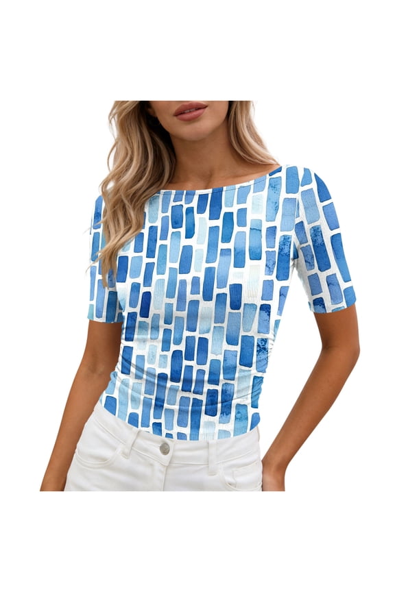Women's Tops Print Round Neck Short Sleeve Fitted Basic Tees Summer Casual Trendy Crop Tops