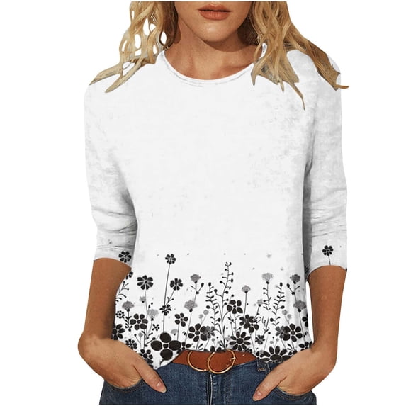Enjoytime Women's Tops Printed Round Neck 3/4 Sleeve Shirts Spring Summer Business Casual Plus Size Blouses