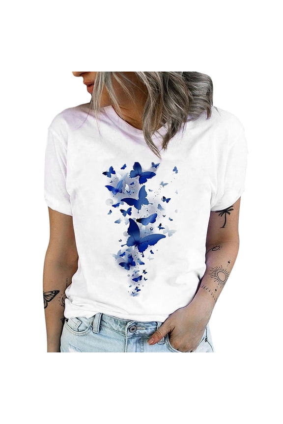 Women's Tops Printed Round Neck Short Sleeve Basic Tees Summer Trendy Fashion Casual Shirts