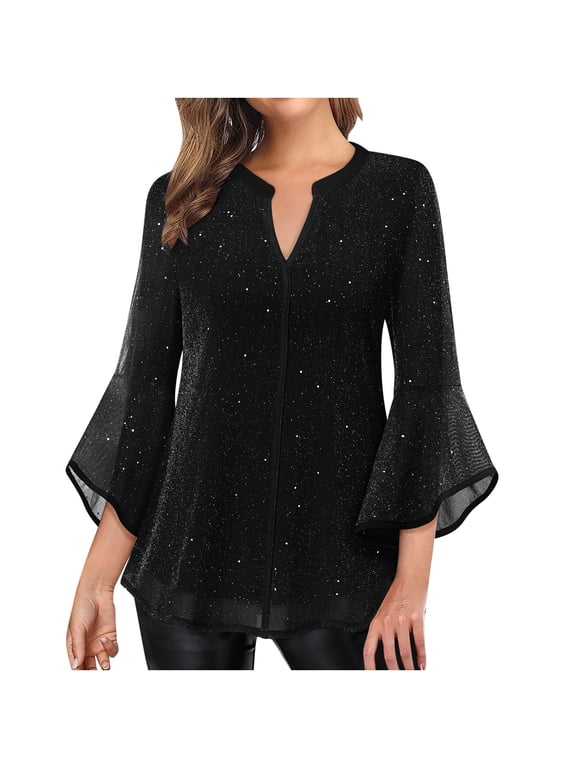 Women's Tops Solid Color 3/4 Sleeve Dressy Blouses Fashion Elegant Holiday Party Casual Tops Loose Mesh Layered Tunic Black XL
