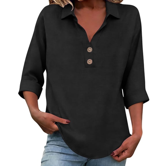 Enjoytime Women's Tops Solid Color Collared Neck Button Down Shirts Summer Cotton and Linen Casual 3/4 Sleeve Blouse Plus Size Clothing Black XXL