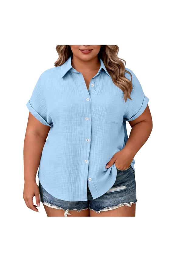Women's Tops Solid Color Collared Neck Short Sleeve Button Down Shirts Summer Trendy Business Casual Plus Size Blouse Light Blue XXL