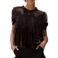 thumbnail image 1 of Enjoytime Women's Tops Solid Color Crewneck Lace Short Sleeve Blouses Holiday Casual Fashion Elegant Work Shirts Brown S, 1 of 5