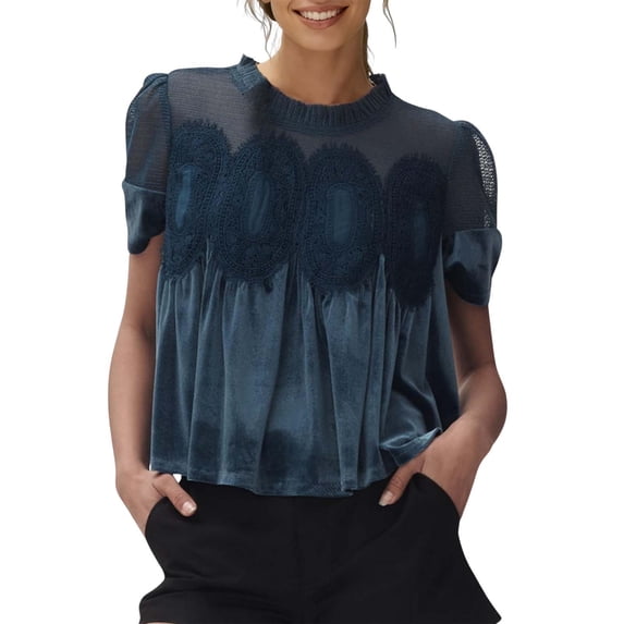 Enjoytime Women's Tops Solid Color Crewneck Lace Short Sleeve Blouses Holiday Casual Fashion Elegant Work Shirts Navy S
