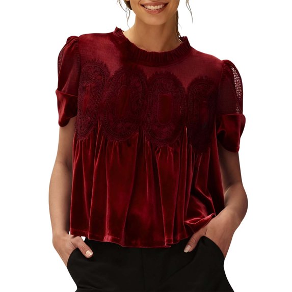 Enjoytime Women's Tops Solid Color Crewneck Lace Short Sleeve Blouses Holiday Casual Fashion Elegant Work Shirts Red XL