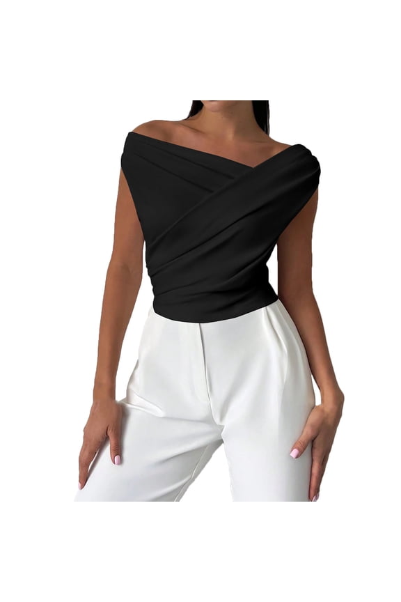 Women's Tops Solid Color Off One Shoulder Sleeveless Shirts Summer Trendy Slim Dressy Business Casual Tops