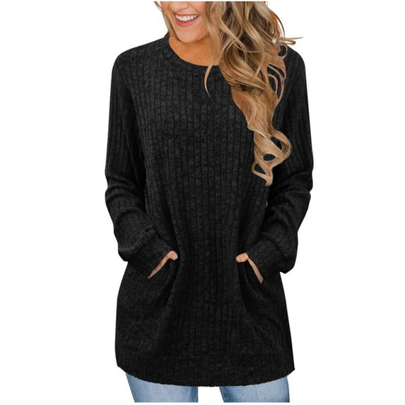 Enjoytime Women's Tops Solid Color Round Neck Business Casual Loose Blouses Trendy Long Sleeve Shirts for Women Black XL