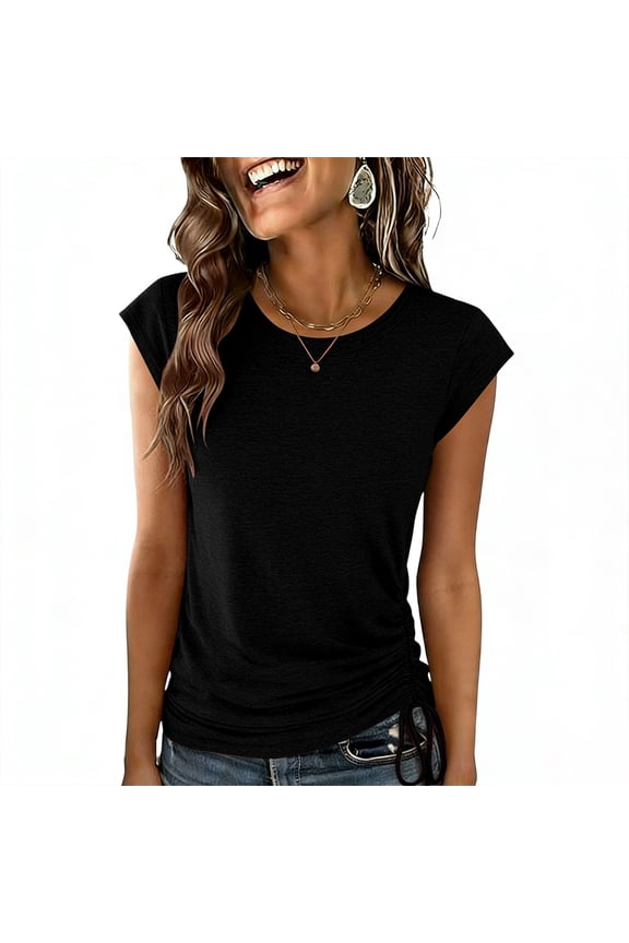 Enjoytime Women's Tops Solid Color Round Neck Cap Short Sleeve Shirts Trendy Casual Summer Clothes 2026