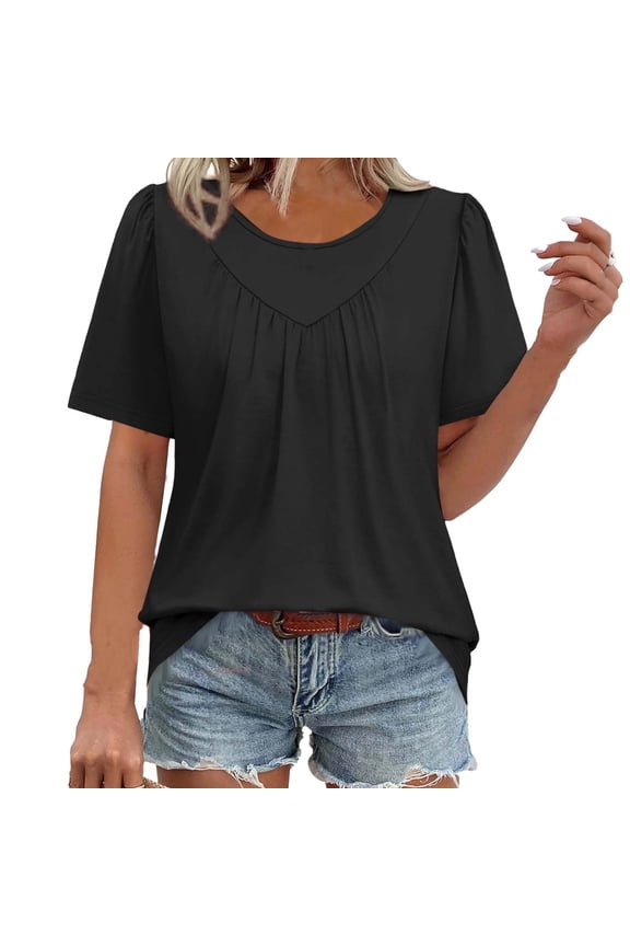 Women's Tops Solid Color Round Neck Pleated Short Sleeve Blouses Fashion Business Casual Work Shirt 2026 Black XL
