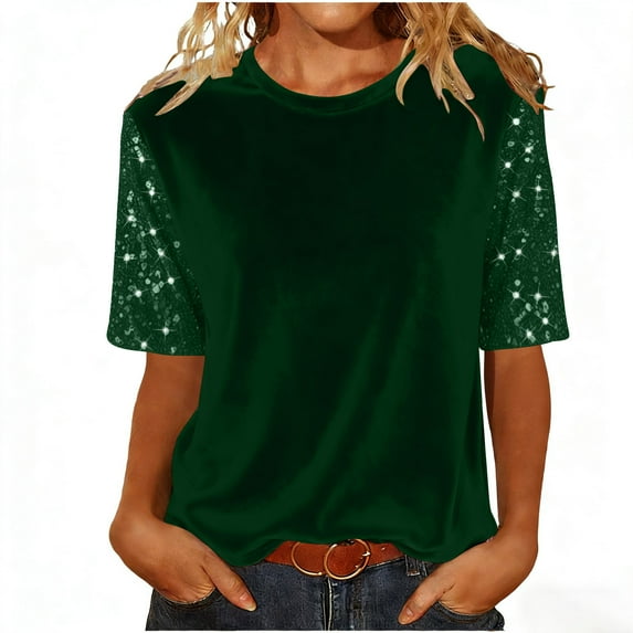 Enjoytime Women's Tops Solid Color Round Neck Short Sleeve Blouse Sequined Patchwork Fashion Casual Party Shirts Green M
