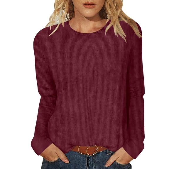 Enjoytime Women's Tops Solid Color Round Neck Trendy Long Sleeve Shirts Spring Business Casual Blouses 2026 Fashion Clothing Wine XXL