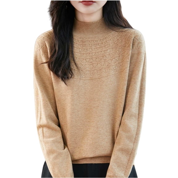 Enjoytime Women's Tops Solid Color Semi High Neck Base Knitted Sweater Casual Trendy Fashion Long Sleeve Blouses Gold XXL