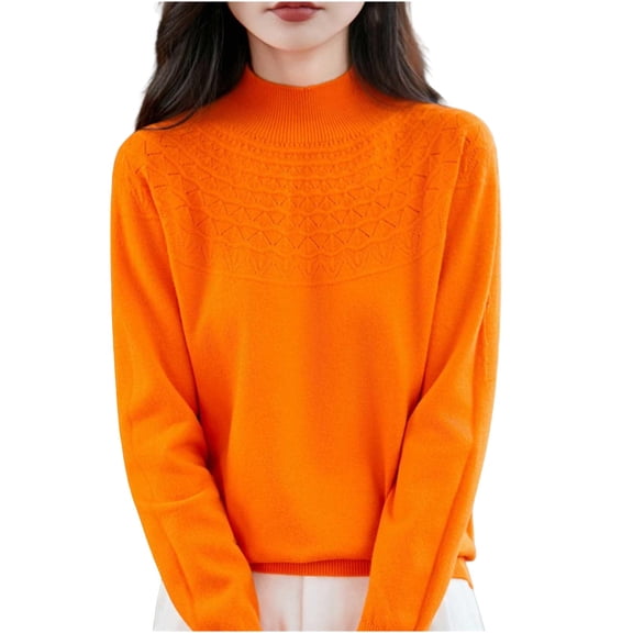 Enjoytime Women's Tops Solid Color Semi High Neck Base Knitted Sweater Casual Trendy Fashion Long Sleeve Blouses Orange L