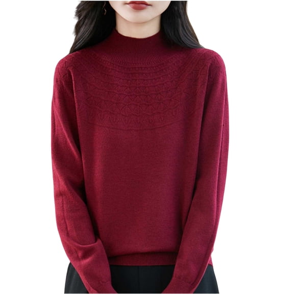 Enjoytime Women's Tops Solid Color Semi High Neck Base Knitted Sweater Casual Trendy Fashion Long Sleeve Blouses Wine M