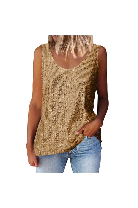 Women's Tops Solid Color Sequin Round Neck Sleeveless Shirts Trendy Fashion Casual Plus Size Blouse Gold XXXL
