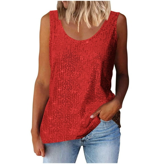 Enjoytime Women's Tops Solid Color Sequin Round Neck Sleeveless Shirts Trendy Fashion Casual Plus Size Blouse Red XXXL