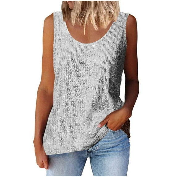 Enjoytime Women's Tops Solid Color Sequin Round Neck Sleeveless Shirts Trendy Fashion Casual Plus Size Blouse Silver XXXXL